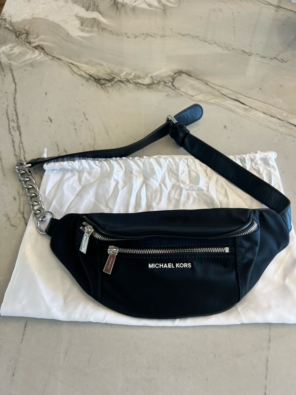 Michael Kors Black Nylon Bag with Silver Hardware and Partial Chain Strap